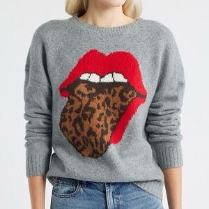 Lucky Brand Cloud Soft Rolling Stones Hot Lips Intarsia Sweater Women’s XL Gray